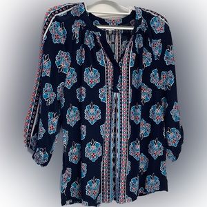 Crown & Ivy size medium navy blouse with red, maroon and teal print